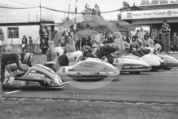Trevor Ireson, Brian Webb, Mal White, Clive Stirrat, Gordon Nottingham on the front row as sidecars leave the grid at Donington Park 1980.