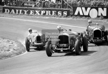 R Bergel, 1926 Bugatti, A McCosh, 1926 Bentley (reg no YF 15) and H Hine, 1924 Bugatti (reg no OL 5099), 1969 VSCC Richard Seaman Trophies meeting, Oulton Park.