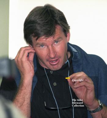 Nick Faldo finds the pit lane much noisier than the golf course, Silverstone, British Grand Prix 1996.
