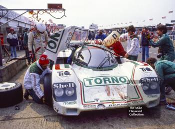 Walter Brunn/Thierry Boutsen, Porsche 956, showing signs of an encounter with one of Silverstone's resident hares, World Endurance Championship, 1985 Grand Prix International 1000km meeting.
