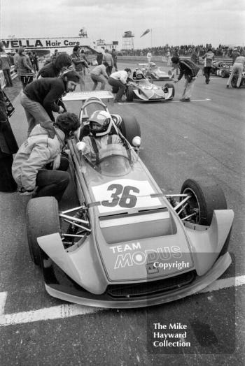 Dick Parsons, Modus M1, on the grid at Thruxton, 1975 BARC Super Visco F3 Championship.
