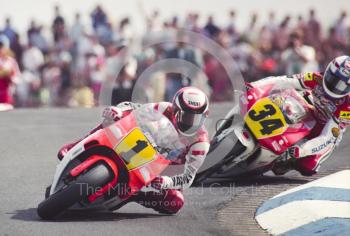 Wayne Rainey, Marlboro Team Roberts Yamaha, leads Kevin Schwantz, Team Lucky Strike Suzuki, Donington Park, British Grand Prix 1991. 