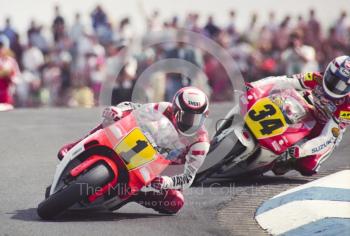 Wayne Rainey, Marlboro Team Roberts Yamaha, leads Kevin Schwantz, Team Lucky Strike Suzuki, Donington Park, British Grand Prix 1991. 
