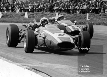 Jo Bonnier and Jochen Rindt, Cooper Maserati V12 T81s, Copse Corner, Silverstone International Trophy, 1966.
