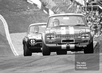 John Hine, Duncan Hamilton Racing Ford Escort, and Chris Craft, Broadspeed Ford Escort, Guards Trophy Touring Car Race, Race of Champions meeting, Brands Hatch, 1970.
