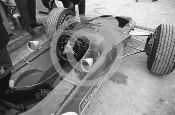 Graham Hill's Gold Leaf Team Lotus 49B in the paddock, Silverstone, International Trophy 1969.
