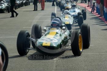 Andy Middlehurst, 1962 Lotus 25, in the paddock before the HGPCA pre-66 Grand Prix cars event at Silverstone Classic 2010