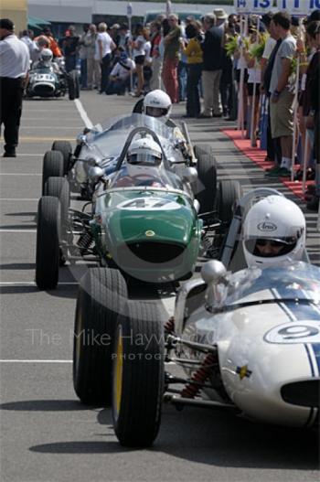 Lorraine Gathercole, 1958 Lotus 18, in the paddock queue ahead of the Colin Chapman Trophy Race for Historic Formula Juniors, Silverstone Classic 2009.