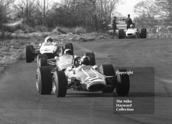 Charles Lucas, Titan Mk 3, leads Peter Gethin, Sports Motors Chevron B9, and Mike Walker, Chequered Flag/Scalextric McLaren M4A, at Island Bend, BRSCC Trophy, Formula 3, Oulton Park, 1968.
