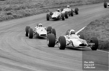 John Miles, Lotus 41, leads Derek Bell, Brabham BT21 and Charles Lucas, Brabham BT21, Oulton Park, BRSCC Â£1000, 1967.
