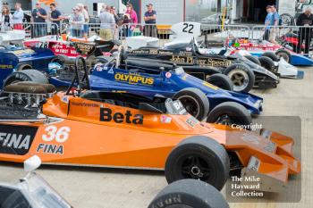 FIA Masters Historic Formula 1 cars in the paddock at the 2016 Silverstone Classic.
