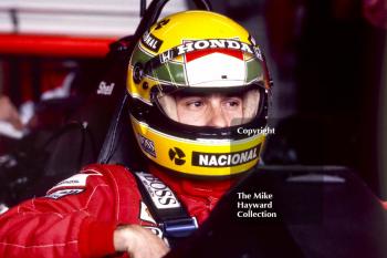 Ayrton Senna, McLaren MP4/5, Honda V10, during practice for the British Grand Prix, Silverstone, 1989.
