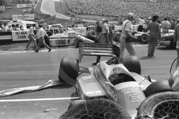 The Osella FA1H of Allen Berg amid the wreckage after first lap accident, Brands Hatch, British Grand Prix 1986.
