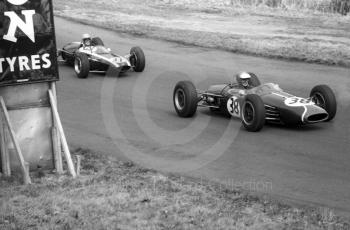 Piers Courage, Charles Lucas Brabham BT10, and Warwick Banks, Cooper T76, Formula 3 race, Oulton Park Spring Race meeting, 1965.
