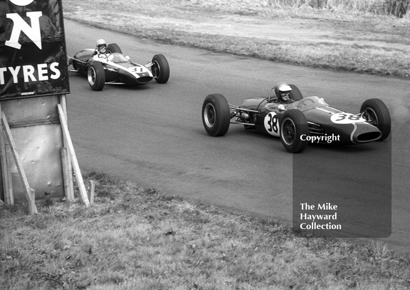 Piers Courage, Charles Lucas Brabham BT10, and Warwick Banks, Cooper T76, Formula 3 race, Oulton Park Spring Race meeting, 1965.