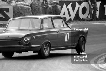 Willy Kay, Lotus Cortina, sideways at Druids Hairpin, British Touring Car Championship Race, Guards International meeting, Brands Hatch 1967.
