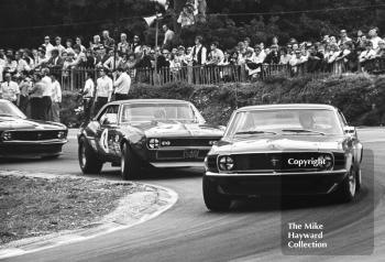 Dennis Leech, Ford Mustang; Brian Muir, Chevrolet Camaro Z28 (CAB 24H), and Frank Gardner, Ford Mustang, Brands Hatch, British Grand Prix meeting 1970.
