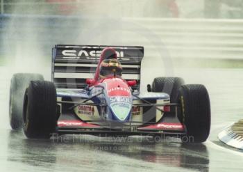 Thierry Boutsen, Jordan 193 Hart, seen during qualifying for the 1993 British Grand Prix at Silverstone.
