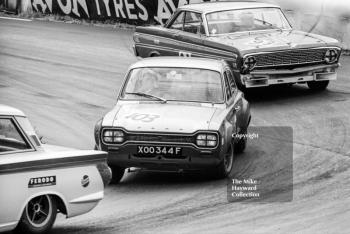 Frank Gardner, Alan Mann Ford Escort (XOO 344F), and David Hobbs, Malcol Gartlan Ford Falcon, Mallory Park, BRSCC 4000 Guineas 1968.
