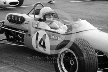 Derek Bell, Church Farm Racing Brabham BT23C, on the grid at the Thruxton Easter Monday F2 International, 1968.
