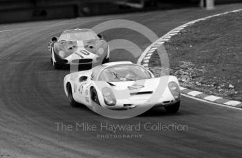 Porsche 910 of Rico Steinemann/ Dieter Spoerry winning the 2 litre prototype class, followed by Roy Pike/Paul Vestey, Ferrari 250 LM #6167,1968 BOAC 500, Brands Hatch
