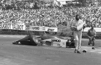 Minardi of M185B Andrea de Cesaris after first lap accident, Brands Hatch, British Grand Prix 1986.
