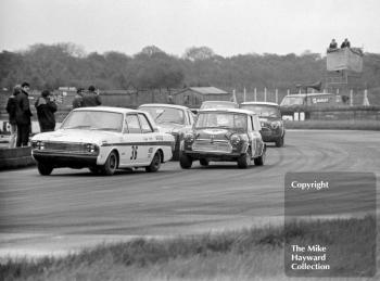 Peter Jackson, Lotus Cortina, John Handley, Mini Cooper, Silverstone, 1969 Martini Trophy meeting.
