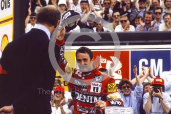 Nigel Mansell on the podium, Silverstone, 1987 British Grand Prix.
