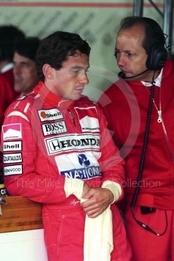 Ayrton Senna and Ron Dennis in the McLaren pit garage, British Grand Prix, Silverstone, 1992
