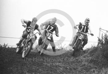 Trio of riders, motorcycle scramble at Spout Farm, Malinslee, Telford, Shropshire between 1962-1965