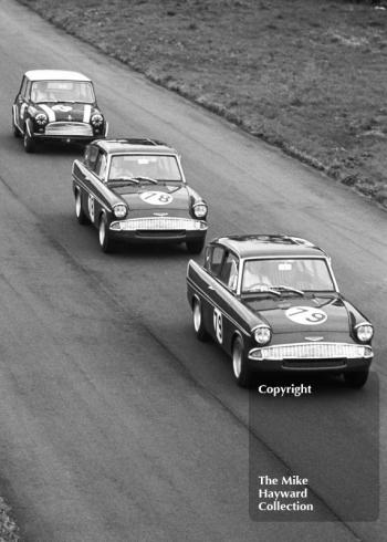 Chris Craft, Superspeed Conversions Ford Anglia; Mike Young, Superspeed Conversions Ford Anglia; and John Rhodes, Mini Cooper S, Oulton Park Gold Cup meeting, 1966.
