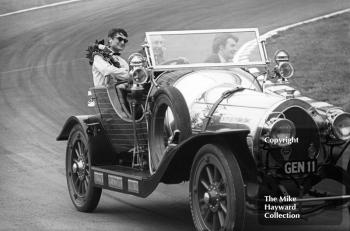 John Miles hangs on in the back of Chitty Chitty Bang Bang on his victory lap, F3 Clearways Trophy, British Grand Prix, Brands Hatch, 1968
