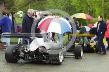 Keeping dry in the paddock queue is John Moulds, OMS 2000, Loton Park Hill Climb, April 2000.
