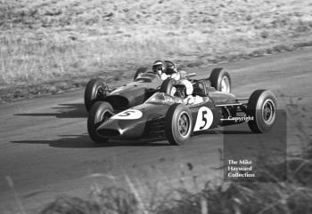 Jack Brabham, Repco Brabham BT10, and Jim Clark, Ron Harris Lotus 32, Oulton Park Gold Cup meeting, 1964.
