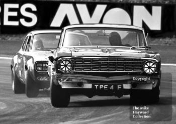 Dennis Leech, Ford Falcon Sprint (TPE 4F), followed by Frank Gardner in an Alan Mann Ford Escort at Lodge Corner, Oulton Park, Gold Cup meeting 1969.
