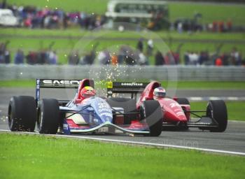 Mauricio Gugelmin, Sasol Jordan Yamaha 192 V12, Ivan Capelli, Ferrari F92A, during race day warm-up, 1992 British Grand Prix, Silverstone.
