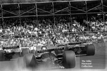 Tyrrell 009, Shadow DN9, Ligier JS11, at Woodcote, Silverstone, 1979 British Grand Prix.
