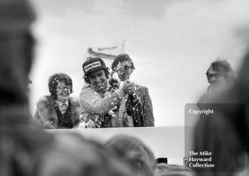 Brian Henton celebrating winning the Jochen Rindt Memorial Trophy at the F2 International Meeting, Thruxton.
