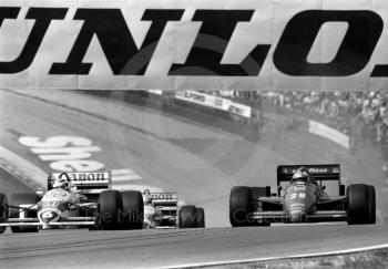 Nelson Piquet, Williams Honda; Nigel Mansell, Williams Honda; and Stefan Johansson, Ferrari F186, Brands Hatch, British Grand Prix 1986.
