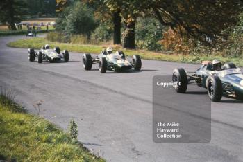 Jochen Rindt leads Denny Hulme and Alan Rees, all in Brabham BT16's at the Oulton Park Gold Cup, 1965.
