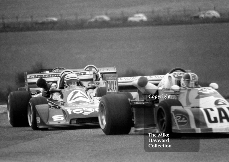 Riccardo Patrese, Trivellatto Racing Team Chevron B35, follows Alex Ribeiro, March BMW 772P, F2 International, Thruxton, 1977.