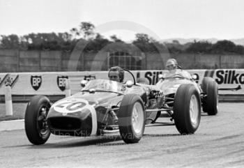 Geoff Lees, Lotus 18, leads Tom Wheatcroft, BRM, at the European Formula 2 Championship meeting, Donington Park, 1981.