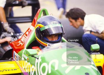 Thierry Boutsen, Benetton B187, in the pits, British Grand Prix, Silverstone, 1987
