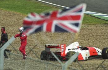 Michael Andretti parks his McLaren MP4-8 at Copse Corner, Silverstone, British Grand Prix 1993.
