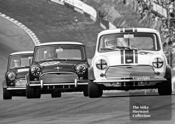 Chris Montague, Mini Cooper S, and Richard Longman, Mini Cooper S, Terry Harmer, Guards Trophy Touring Car Race, Race of Champions meeting, Brands Hatch, 1970.
