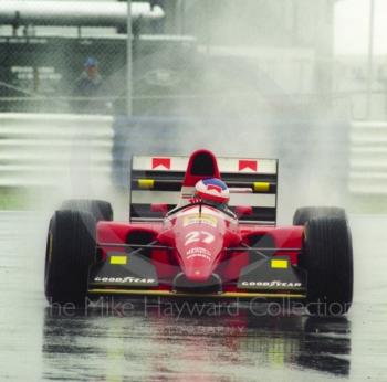 Jean Alesi, Ferrari F93A, seen during wet qualifying at Silverstone for the 1993 British Grand Prix.
