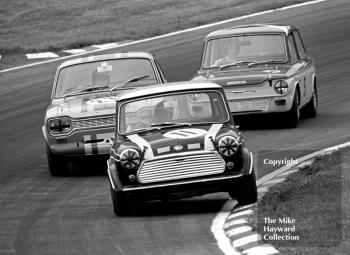 John Rhodes, Mini Cooper S, Alan Peer, Dagenham Motors Ford Escort GT, and Tony Lanfranchi, Alan Fraser Sunbeam Imp, at South Bank Bend, Brands Hatch, Grand Prix meeting 1968.
