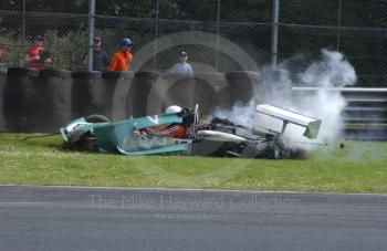 Tom Thornton, March 743, crashes at Old Hall Corner during the Derek Bell Trophy, Oulton Park Gold Cup meeting, 2002