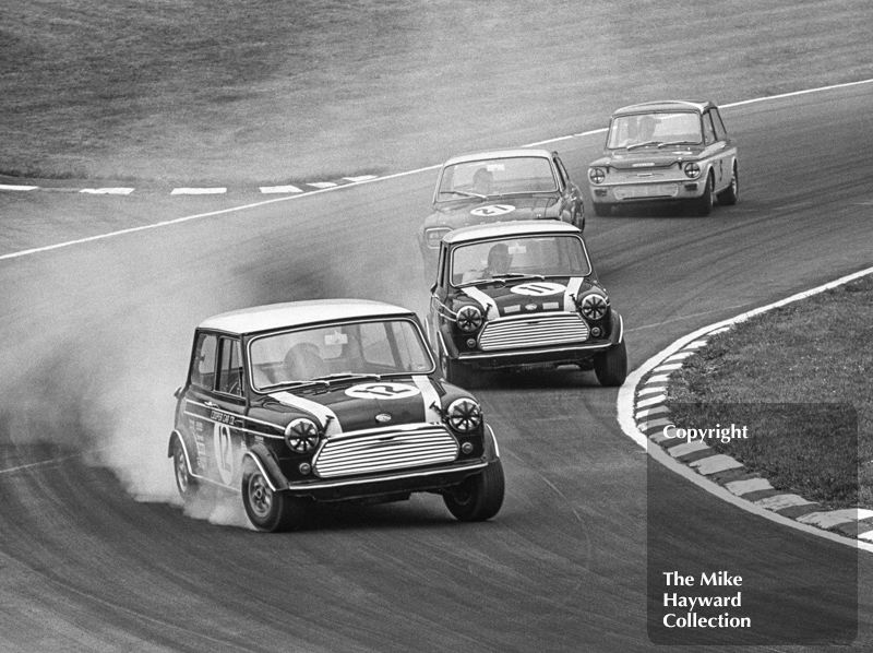 Steve Neal and John Rhodes, Mini Cooper S, Chris Craft, Ford Escort, Tony Lanfranchi, Hillman Imp, Brands Hatch, British Grand Prix meeting 1968.