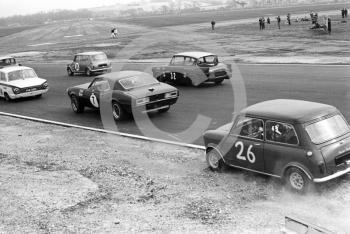 Graham Janzen, Mini Cooper S, Malcolm Wayne, Chevrolet Camaro, Mike Walker, Broadspeed Ford Anglia, and Gordon Spice, Equipe Arden Mini Cooper S, Thruxton Easter Monday meeting 1968.
